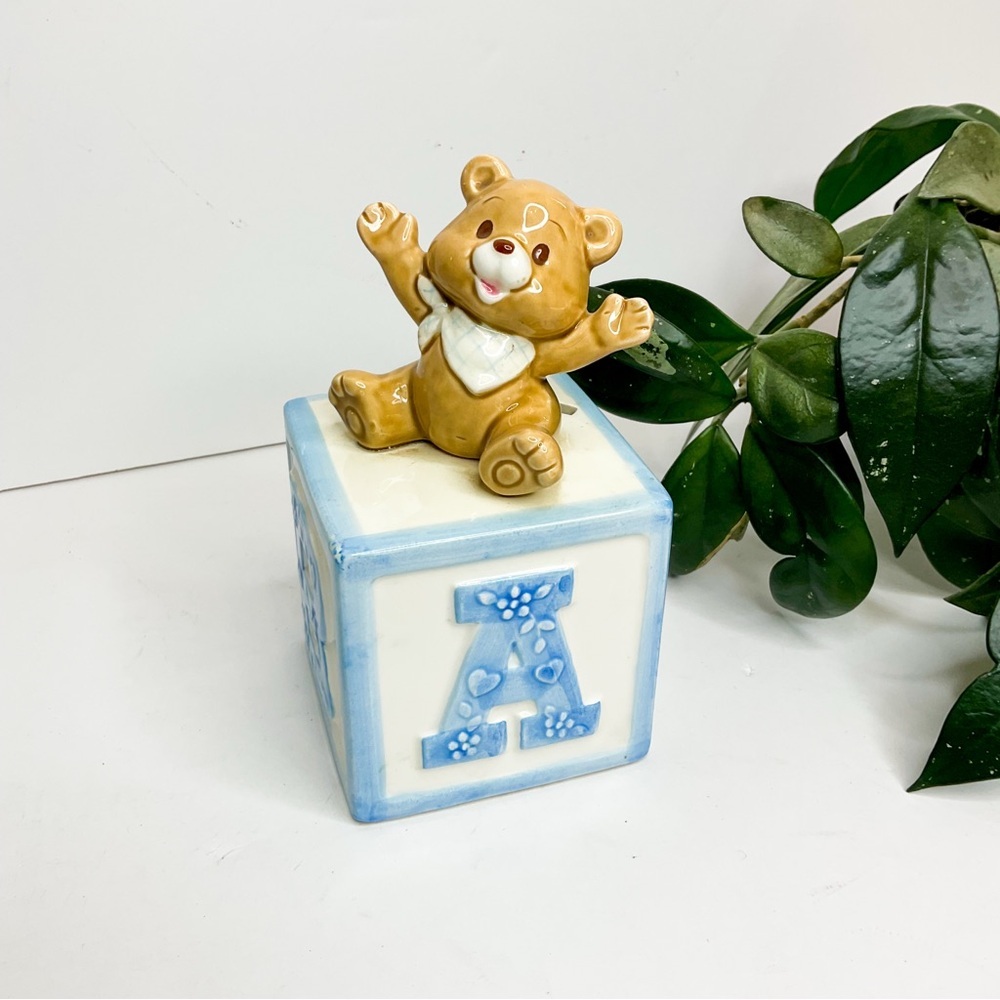 VINTAGE MCM Japanese Ceramic Nursery Décor Bear on Baby Blue Block Coin Bank